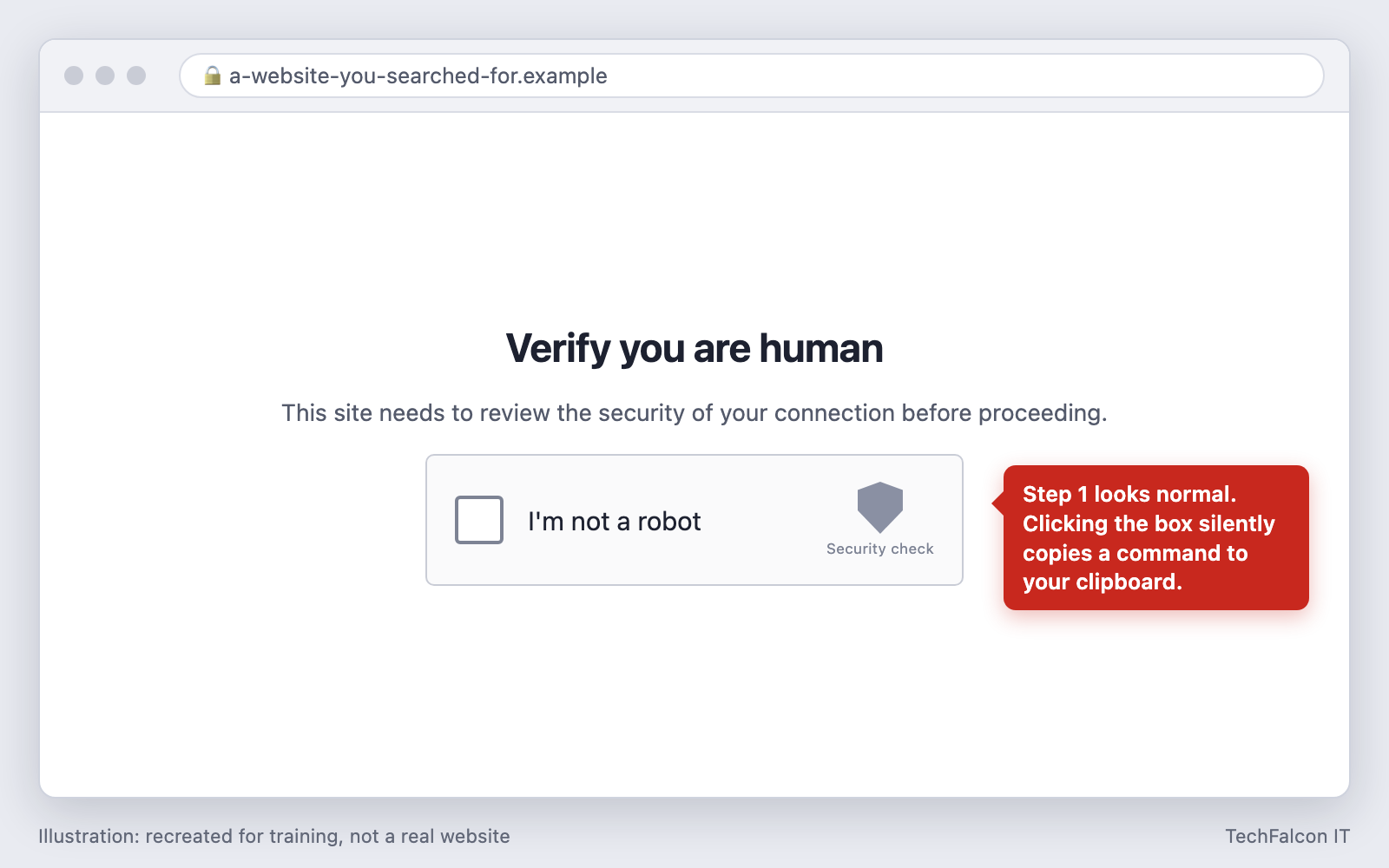Illustration of a web page titled 'Verify you are human' with an 'I'm not a robot' checkbox. A note explains that clicking the box silently copies a command to the clipboard.