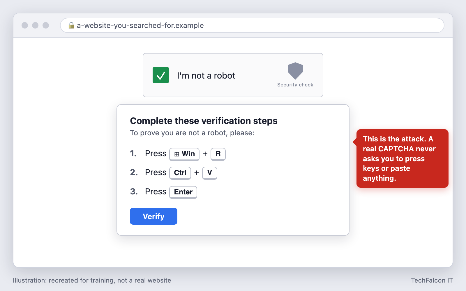 Illustration of the same page now showing 'Complete these verification steps': press Windows and R, press Ctrl and V, press Enter. A note says a real CAPTCHA never asks you to press keys or paste anything.
