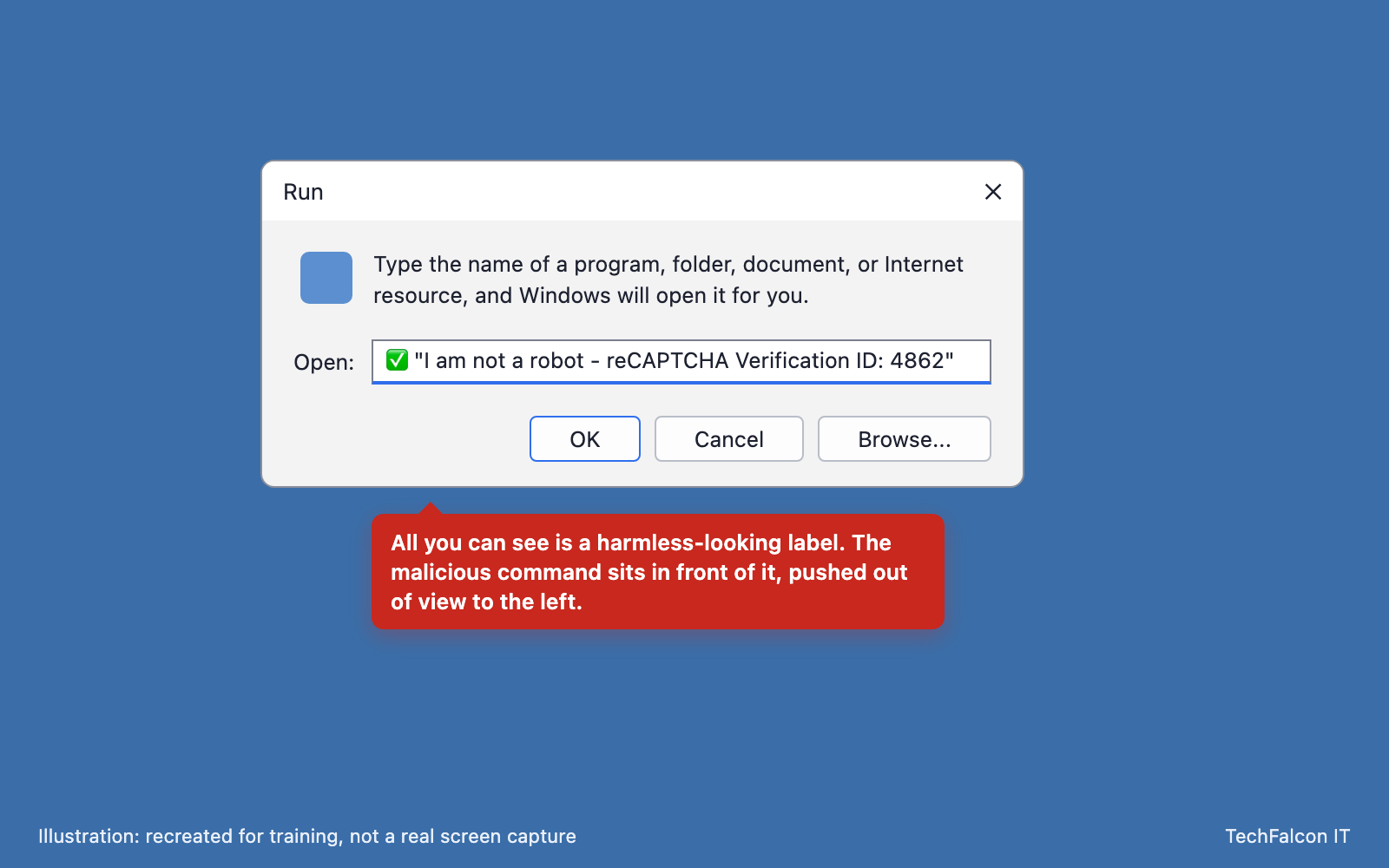 Illustration of the Windows Run dialog. The Open field shows only the text 'I am not a robot - reCAPTCHA Verification ID: 4862'. A note says the malicious command sits in front of it, out of view.